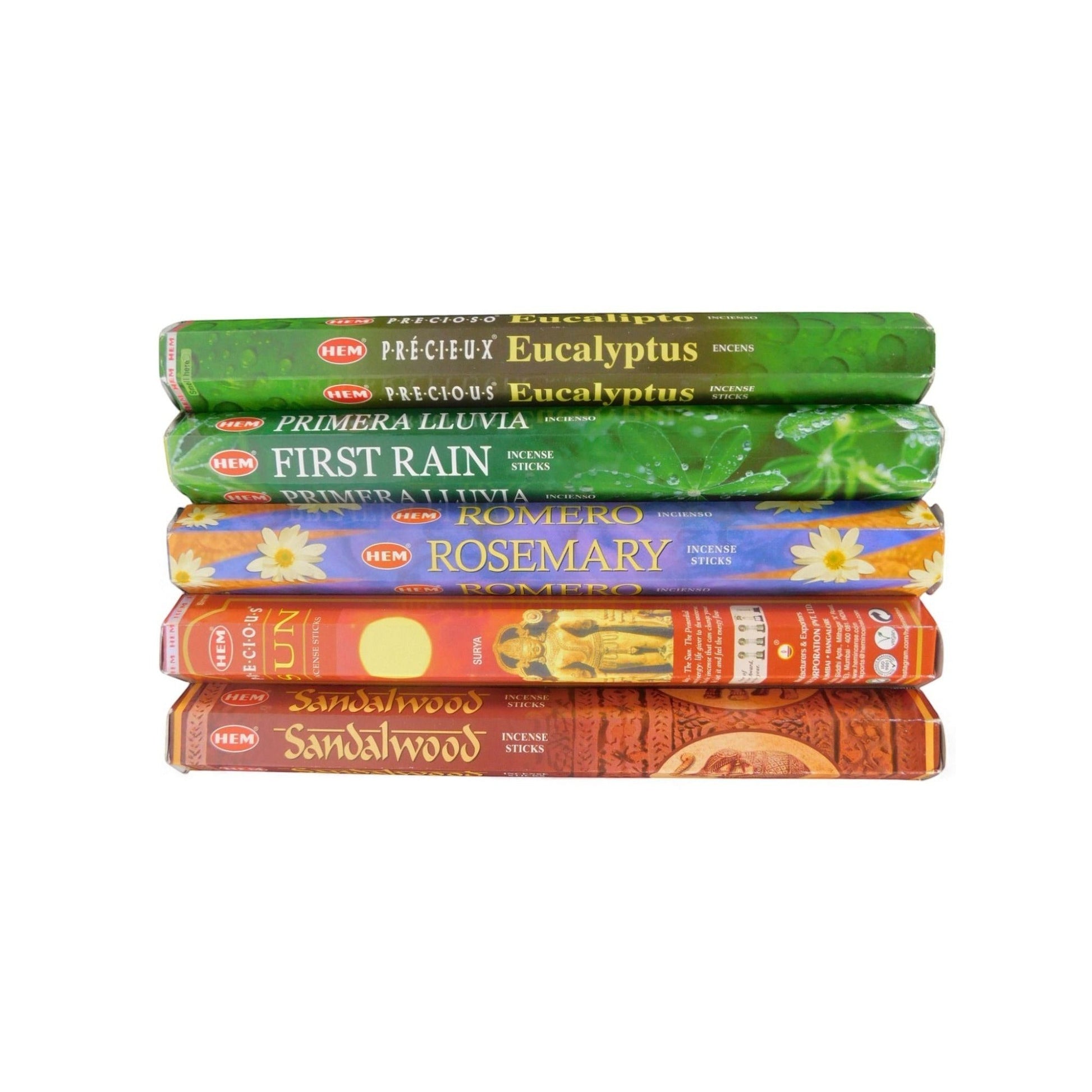 The Witches' Quest solar incense pack featuring five HEM scent tubes including Eucalyptus, First Rain, and Sun.
