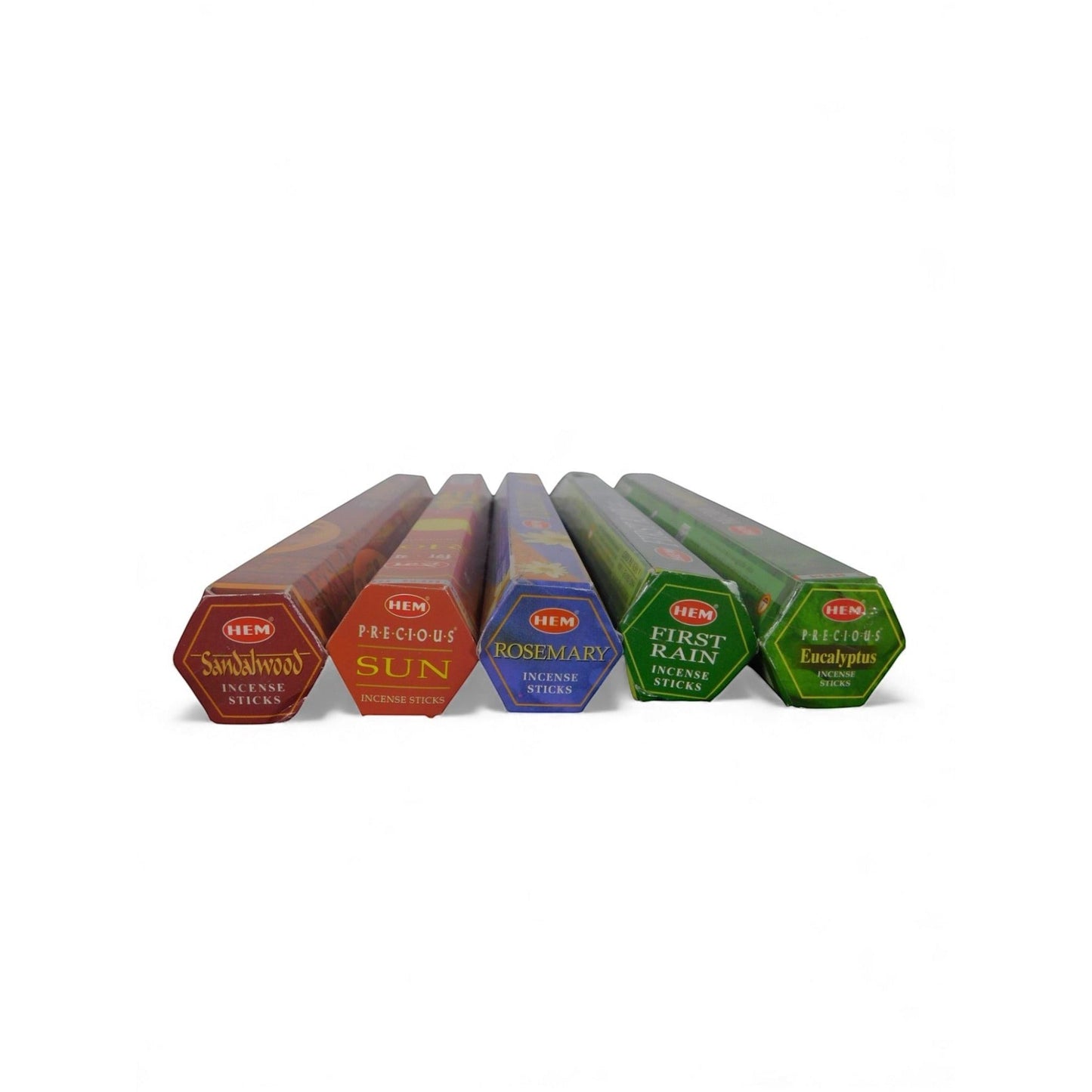 The Witches' Quest solar power incense pack featuring five HEM hex tubes of Sandalwood, Sun, Rosemary, Rain, Eucalyptus