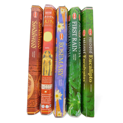 The Witches' Quest solar incense pack featuring five HEM scent tubes including Sandalwood, Sun, Rosemary, First Rain, and Eucalyptus.