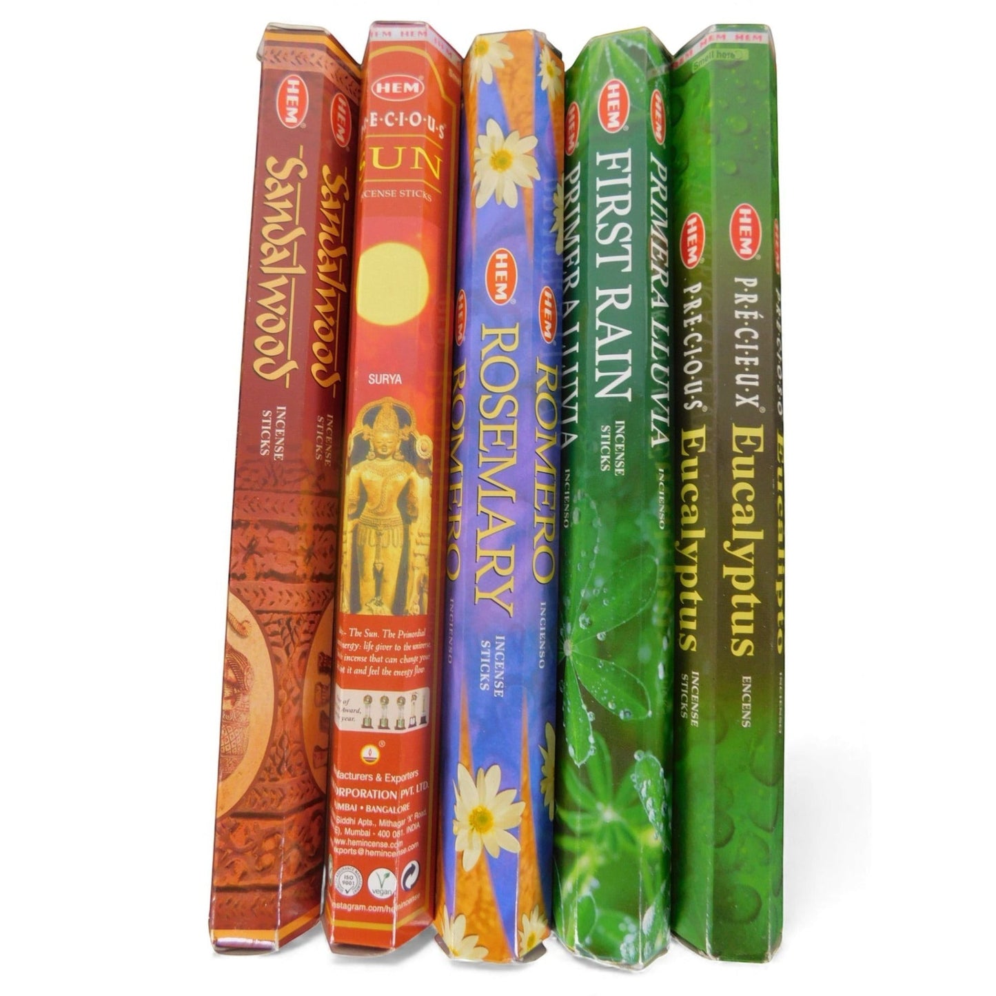 The Witches' Quest solar incense pack featuring five HEM scent tubes including Sandalwood, Sun, Rosemary, First Rain, and Eucalyptus.
