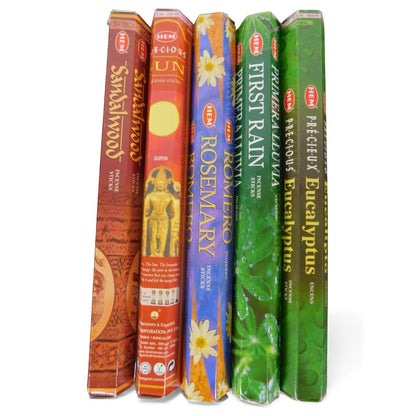 The Witches' Quest solar incense pack featuring five HEM scent tubes including Sandalwood, Sun, Rosemary, First Rain, and Eucalyptus.