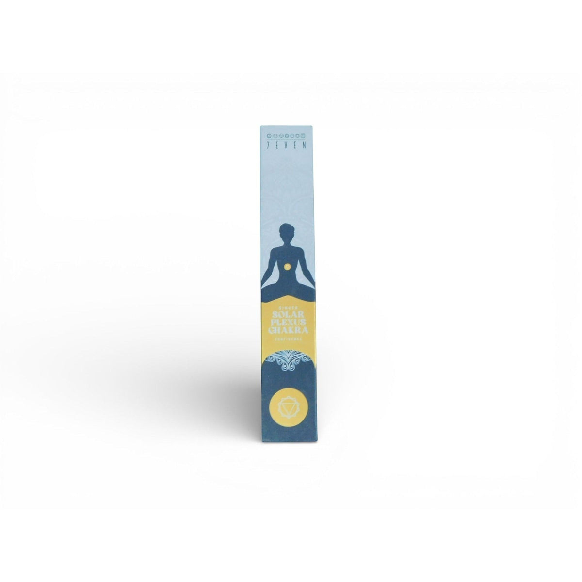 The Witches' Quest solar plexus chakra incense box with meditation silhouette and yellow accent design.