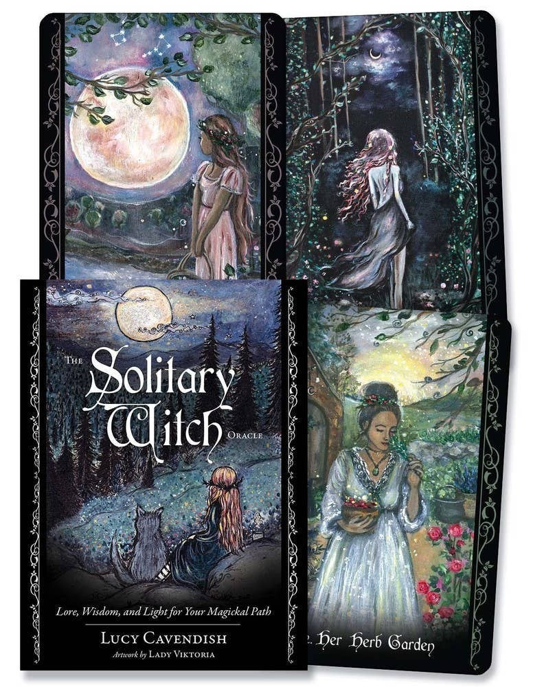The Witches' Quest The Solitary Witch Oracle deck featuring ethereal illustrations, 45 cards, and a companion book.