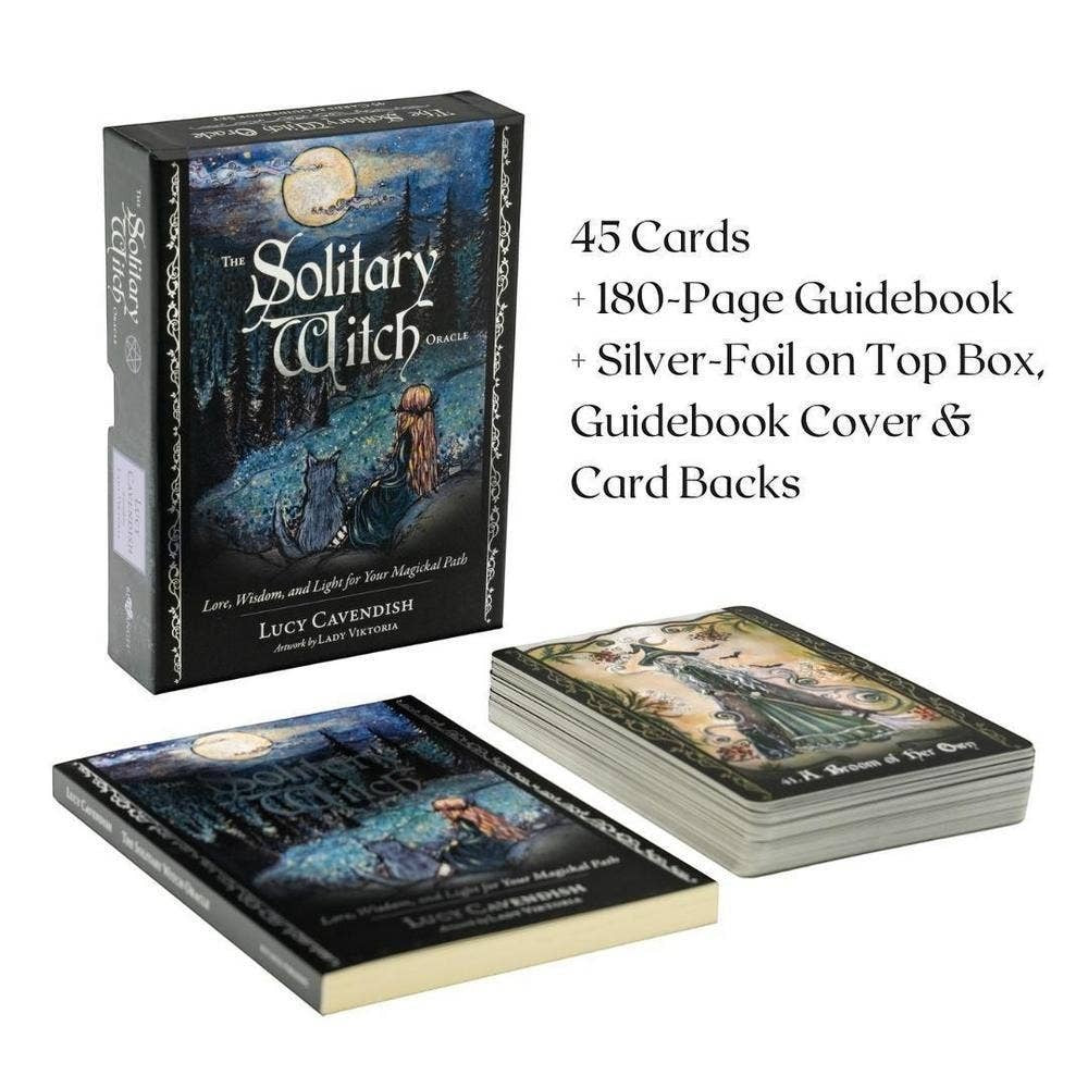 The Witches' Quest The Solitary Witch Oracle deck with 45 cards, 180-page guidebook, and silver-foil accents.
