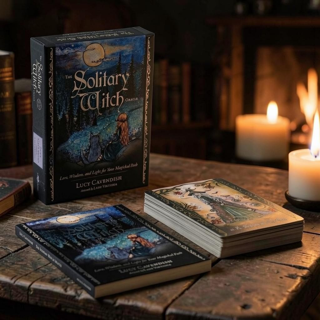 The Witches' Quest The Solitary Witch Oracle deck with 45 cards and a guidebook featuring ethereal fantasy artwork.