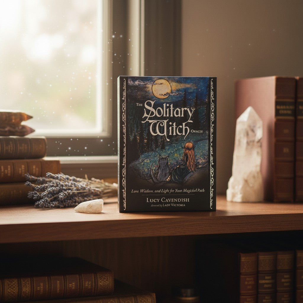 The Witches' Quest The Solitary Witch Oracle deck box featuring ethereal moonlit forest artwork on a wooden shelf.