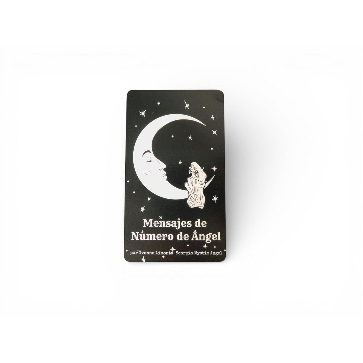 The Witches' Quest Spanish angel number mini tarot card featuring celestial moon and star artwork on a black background.