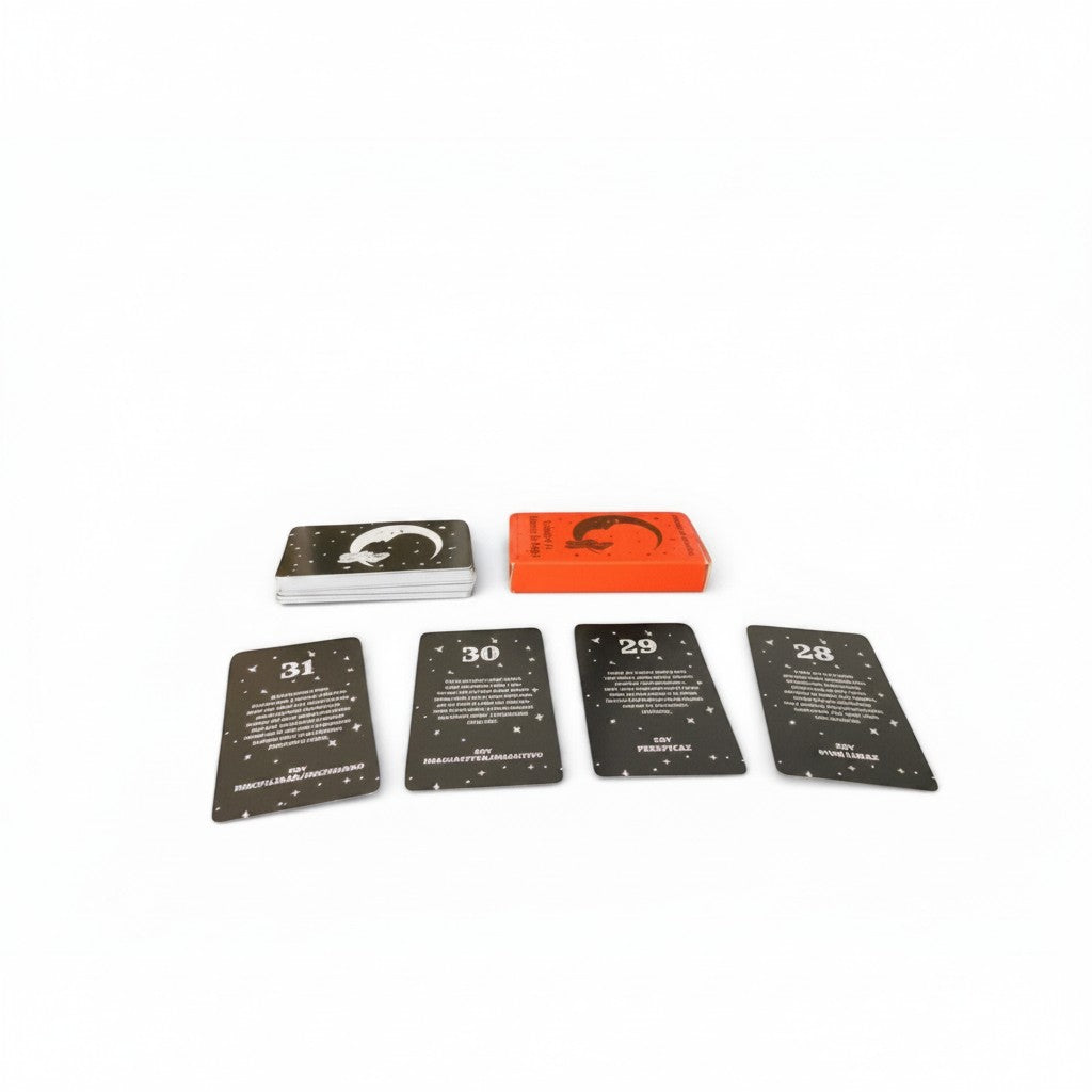 The Witches' Quest Spanish angel number mini tarot cards with celestial artwork and numbered guidance messages.