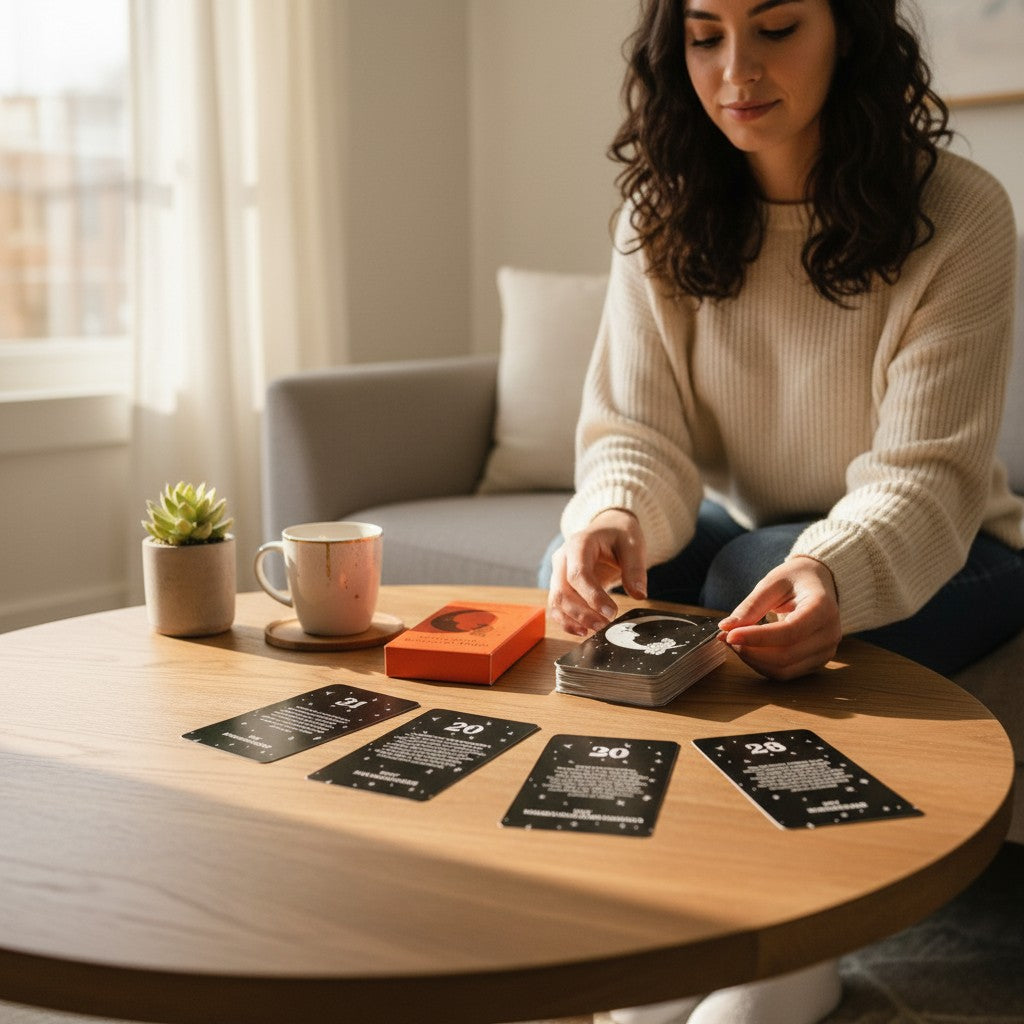 The Witches' Quest Spanish angel number mini tarot cards spread on a wooden table by a woman in a cozy living room.