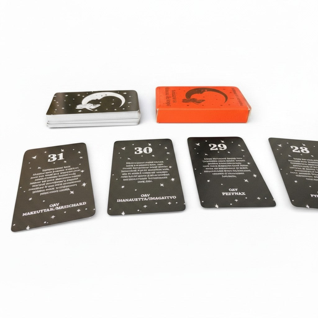 The Witches' Quest mini Spanish angel number tarot cards with celestial black and white designs and orange box.