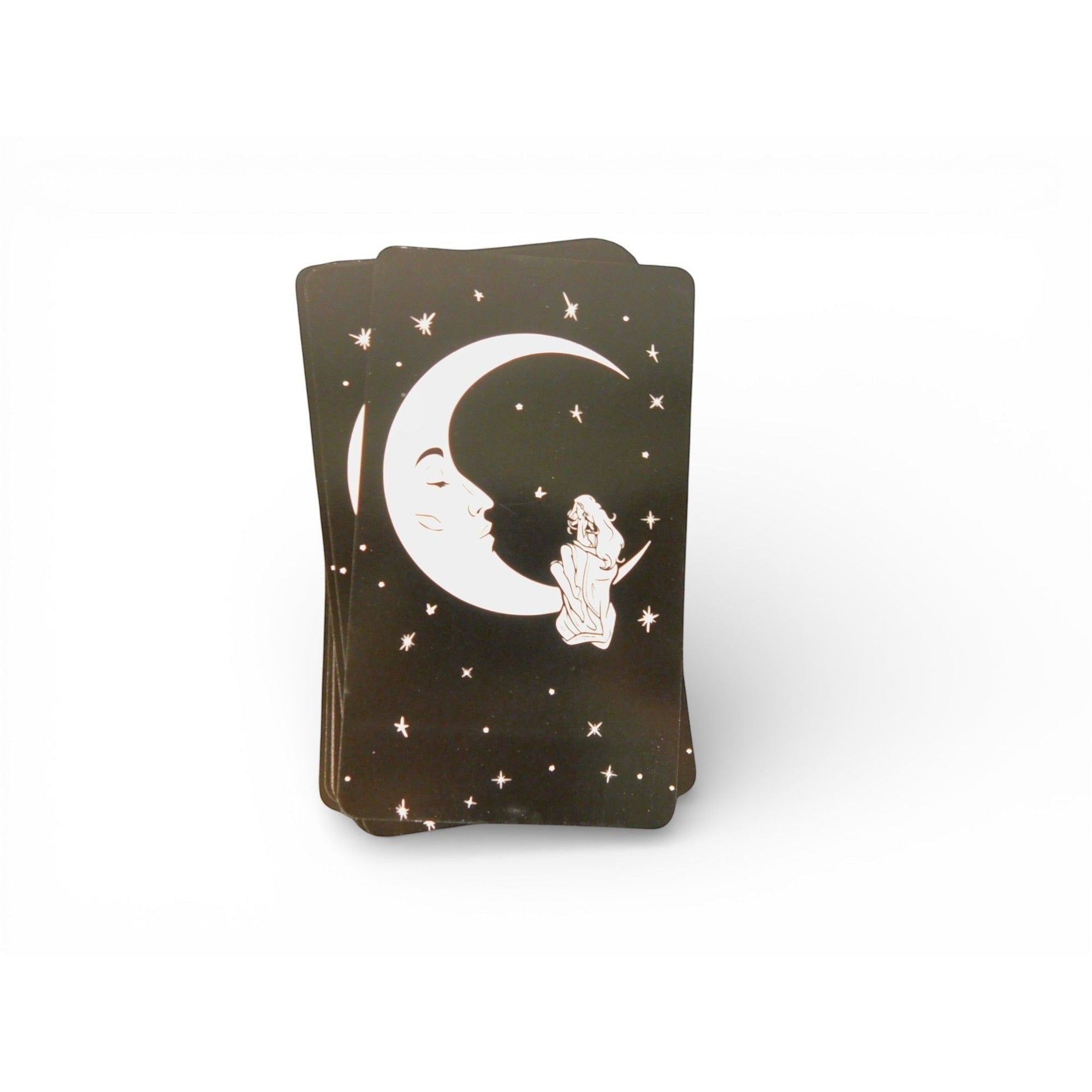 The Witches' Quest Spanish angel number mini tarot cards with celestial moon and star artwork on a black background.