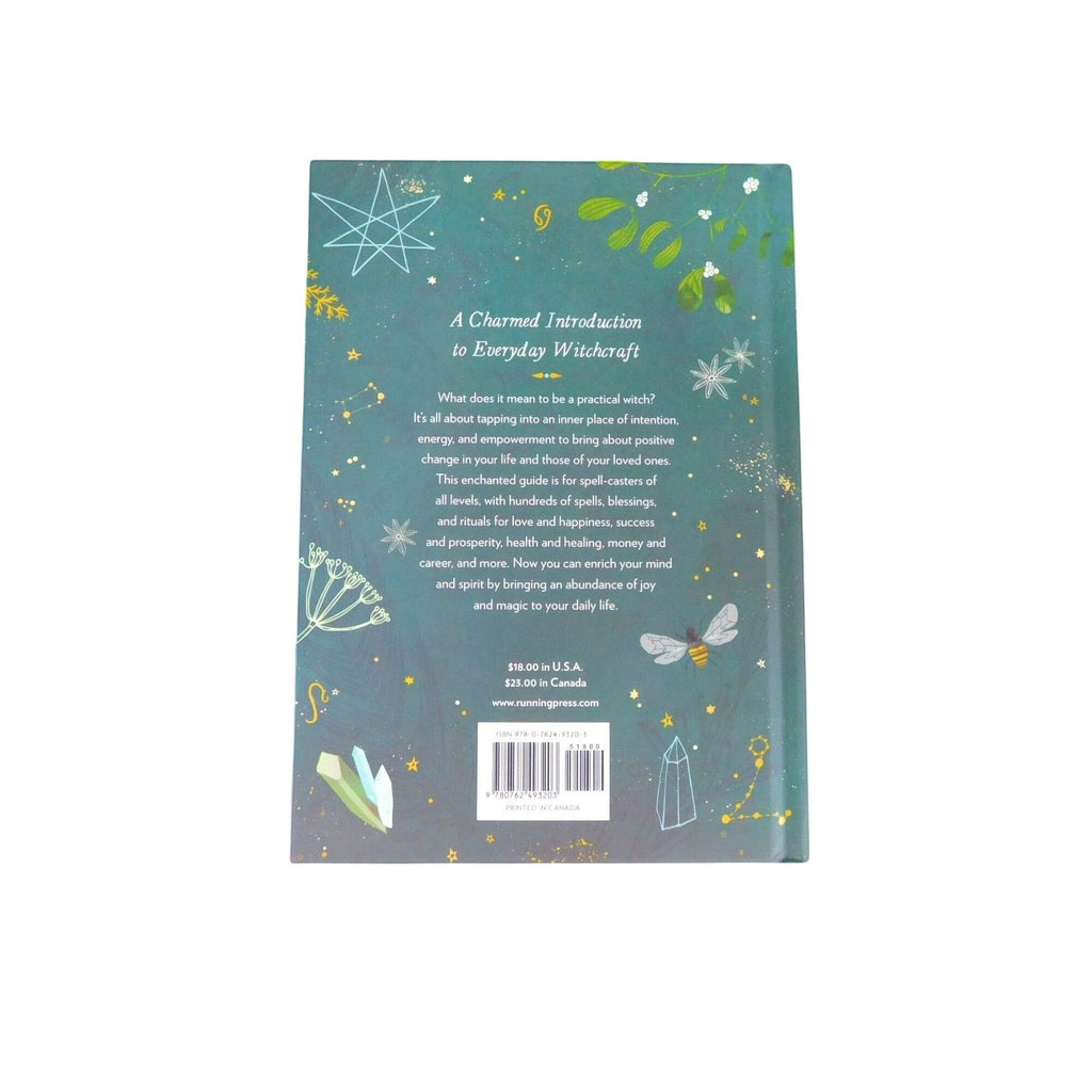 The Witches' Quest back cover of The Practical Witchs Spell Book featuring green botanical illustrations and gold stars