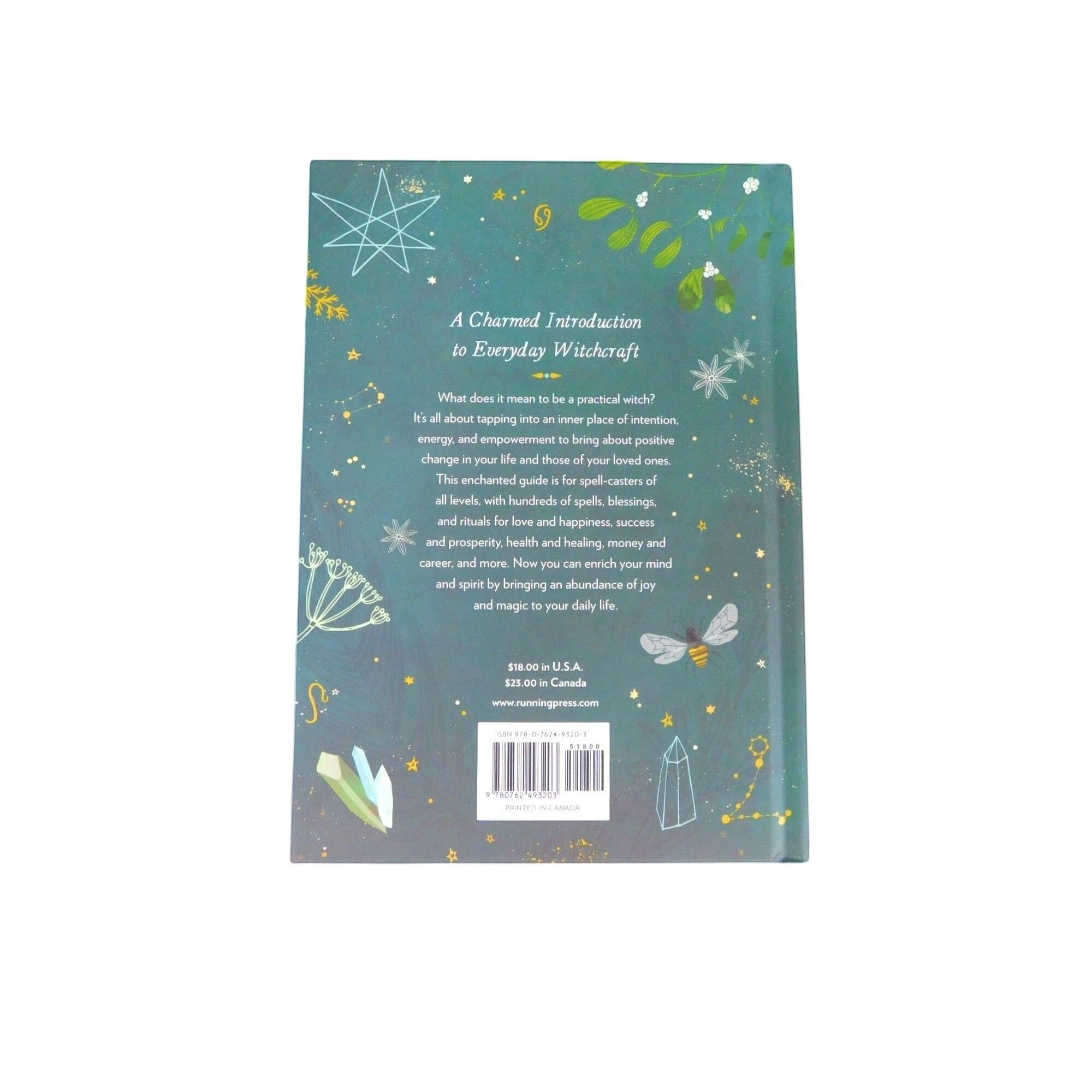 The Witches' Quest back cover of The Practical Witchs Spell Book featuring green botanical illustrations and gold stars