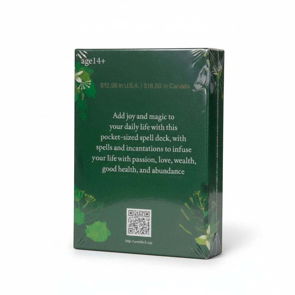 The Witches' Quest Practical Witch's Spell Deck back of box featuring green botanical design and spell description.