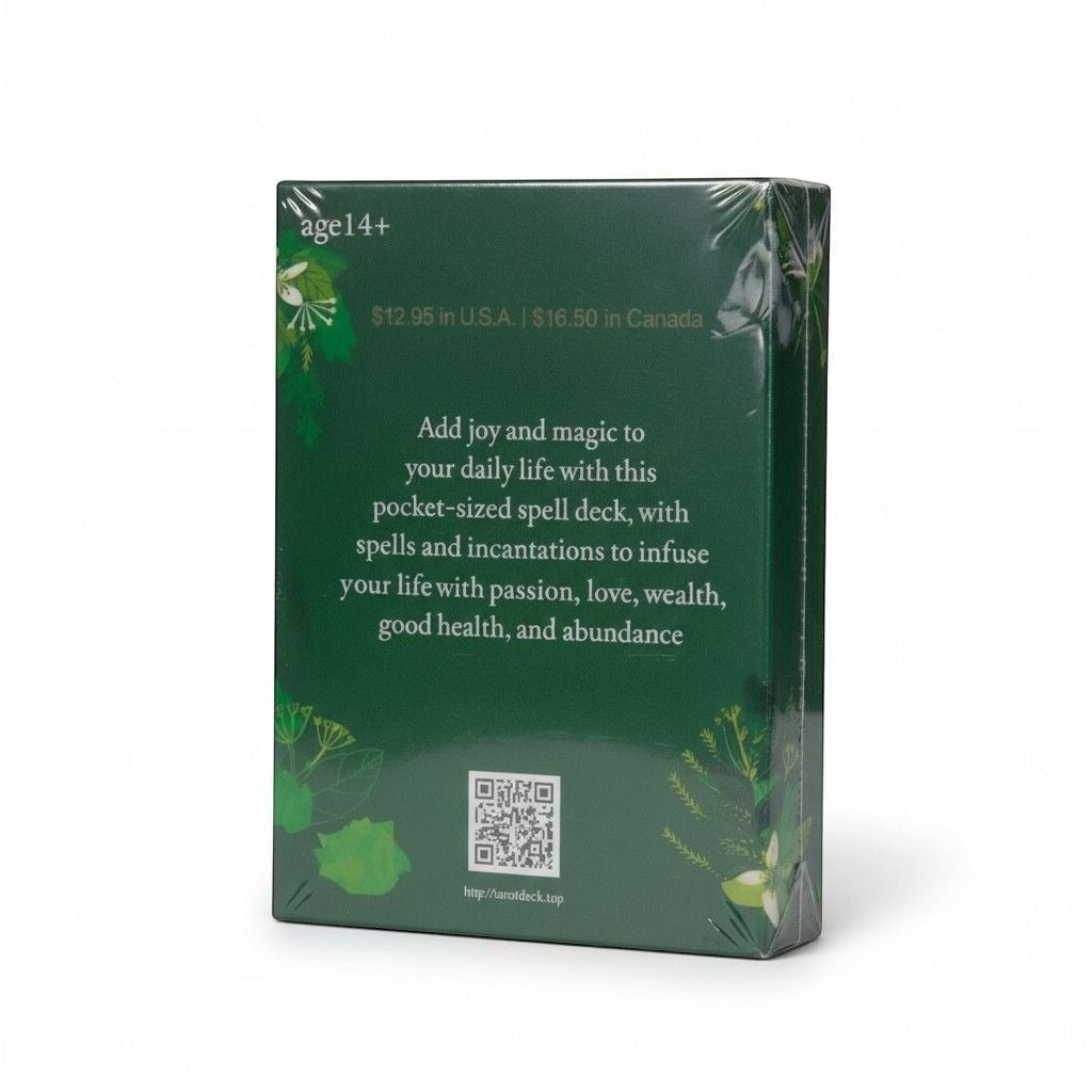 The Witches' Quest Practical Witch's Spell Deck back of box featuring green botanical design and spell description