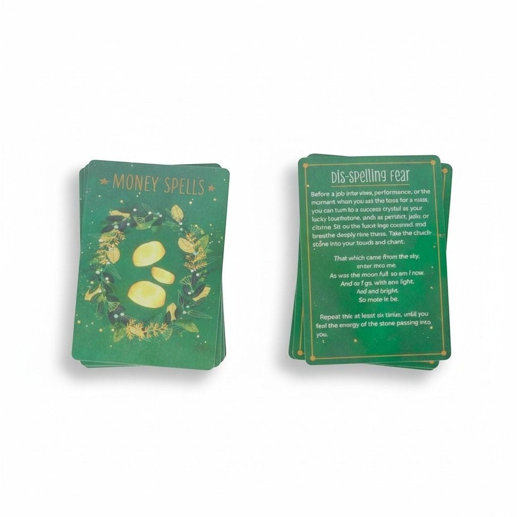 The Witches' Quest Practical Witch's Spell Deck cards featuring green botanical illustrations and gold text.