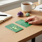The Witches' Quest spell deck cards with green botanical designs on a wooden desk with crystals and a tea mug.
