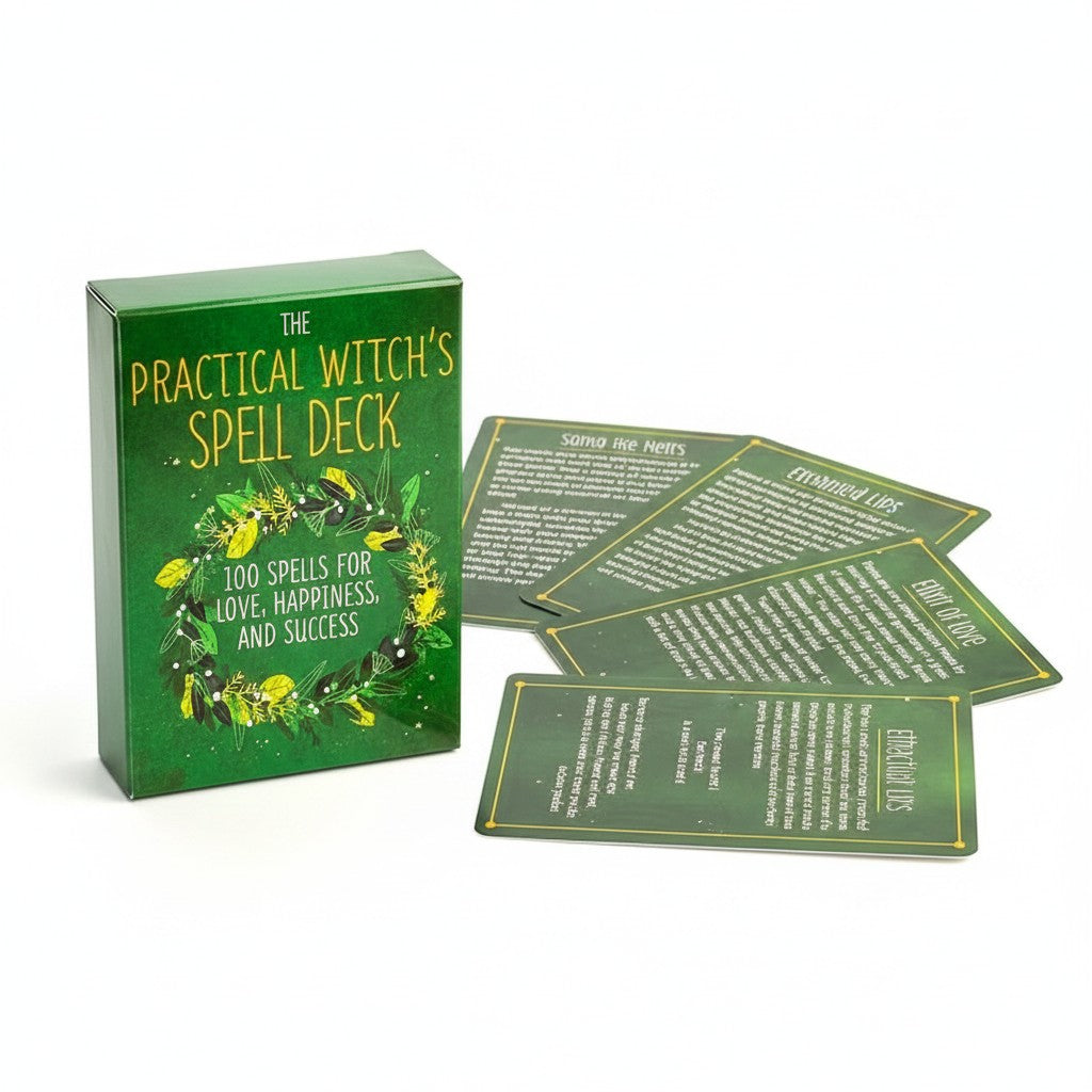 The Witches' Quest Practical Witch's Spell Deck with green box and illustrated cards for manifestation rituals