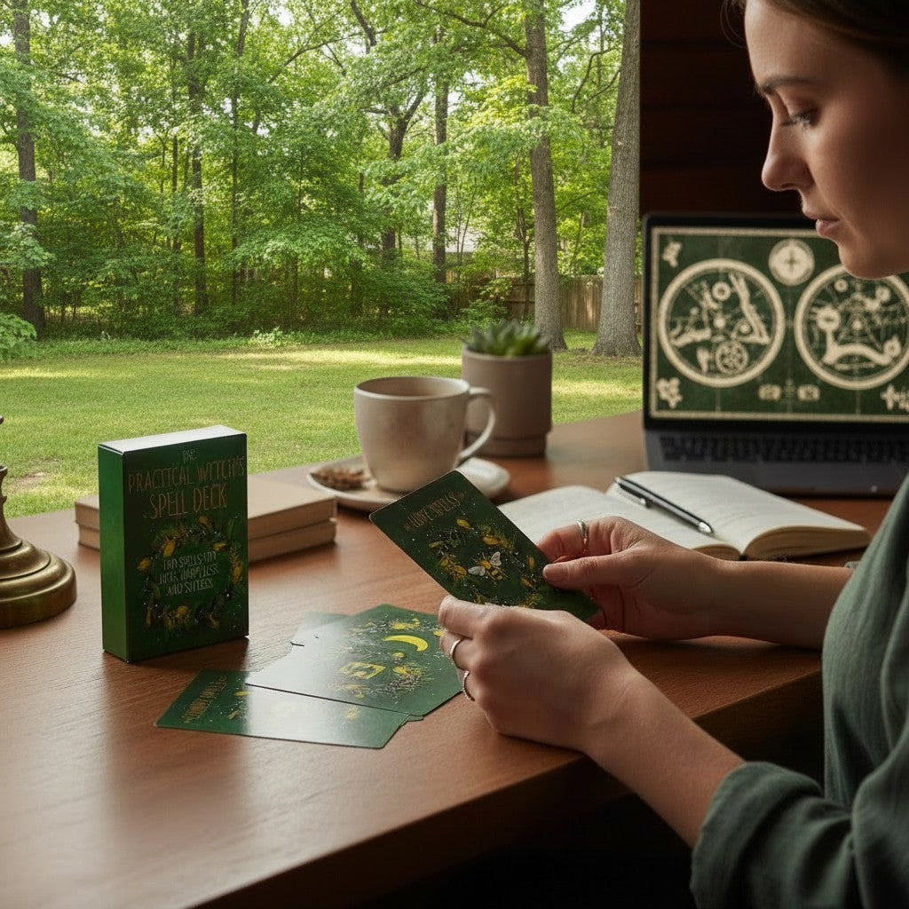 The Witches' Quest Practical Witch's Spell Deck with botanical illustrations held by a woman at a wooden desk