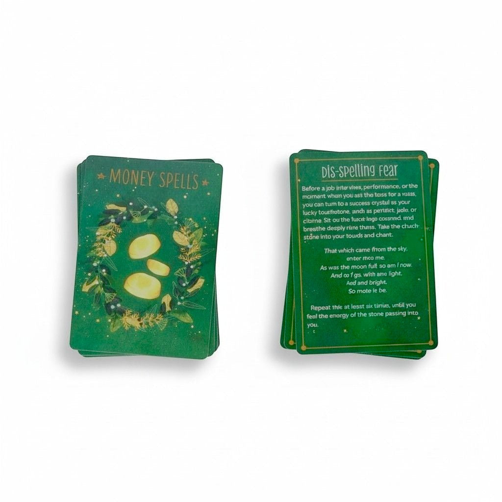 The Witches' Quest spell deck cards featuring green botanical illustrations and gold text for money and fear spells.