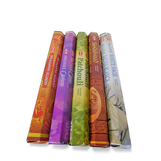 The Witches' Quest incense set featuring five HEM scent tubes including Dragon's Blood, Opium, Patchouli, and Sage.