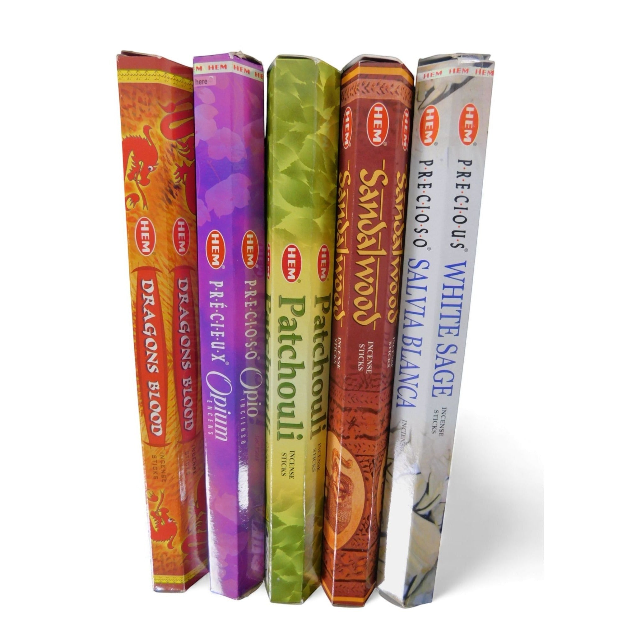 The Witches' Quest spell incense pack featuring five HEM tubes including Dragon's Blood, Opium, Patchouli, Sandalwood, and White Sage.