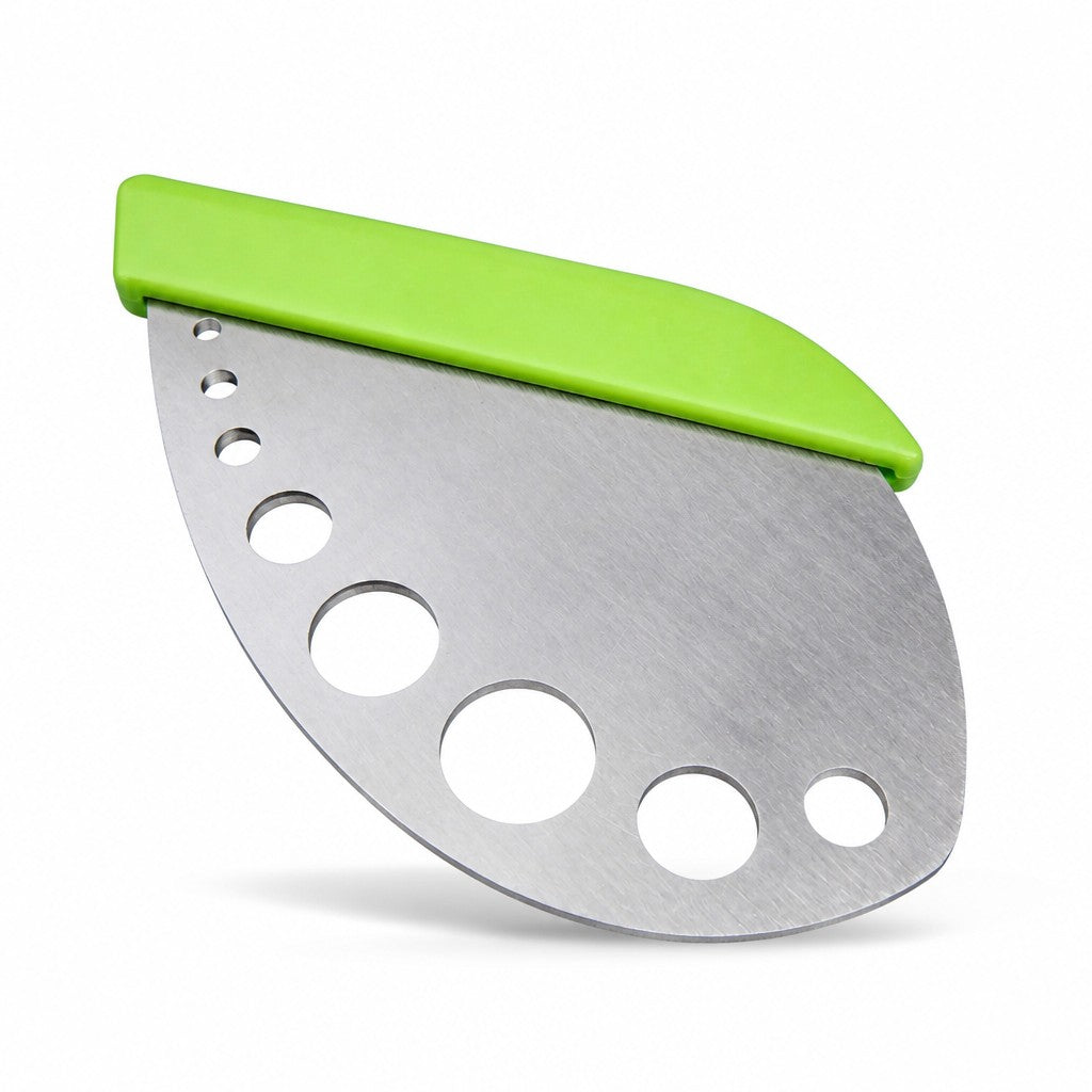The Witches' Quest stainless steel mezzaluna herb knife with a bright green handle and integrated stem-stripping holes.
