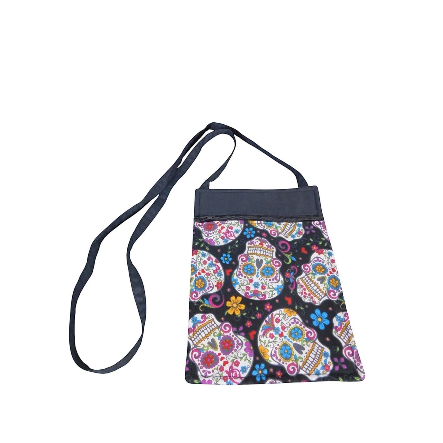 The Witches' Quest handcrafted crossbody bag featuring a vibrant, colorful sugar skull pattern on a black background.