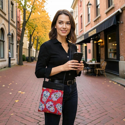The Witches' Quest handcrafted crossbody bag with a vibrant red sugar skull pattern worn by a woman on a city street.