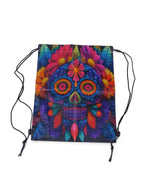 The Witches' Quest drawstring backpack featuring a vibrant, colorful sugar skull design with floral motifs.