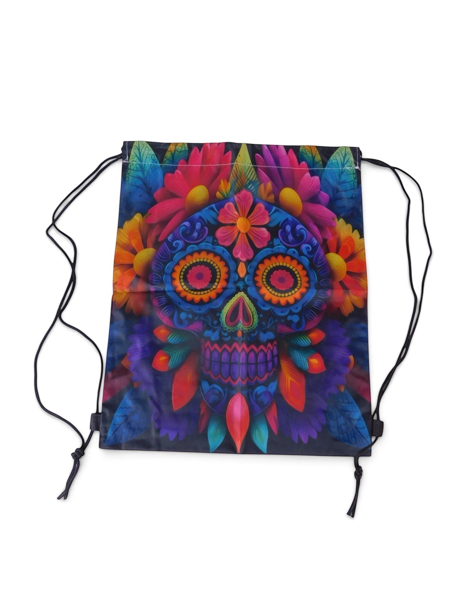 The Witches' Quest drawstring backpack featuring a vibrant, colorful sugar skull design with floral motifs.
