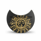 The Witches' Quest black wooden sun disk tarot card display stand with laser-etched gold celestial sun design