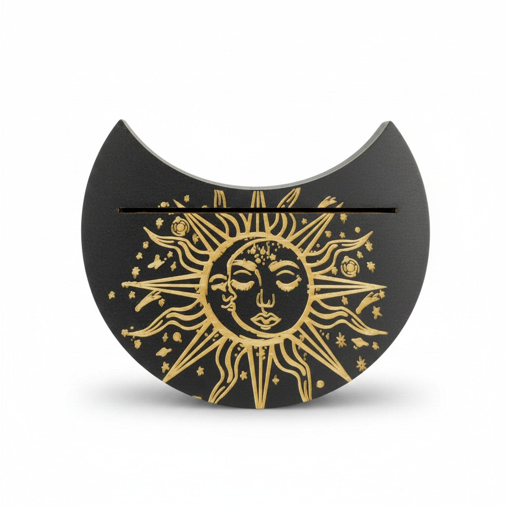 The Witches' Quest black wooden sun disk tarot card display stand with laser-etched gold celestial sun design