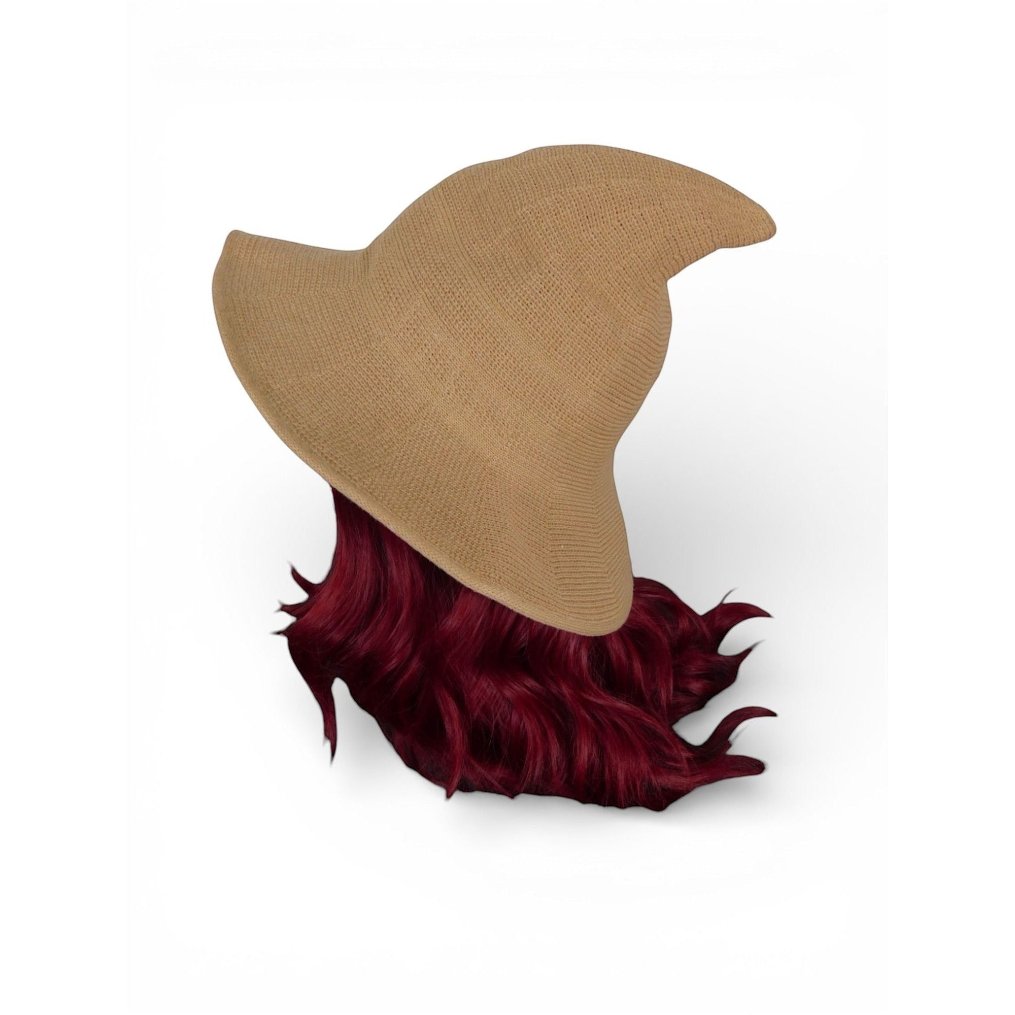 The Witches' Quest tan knit pointed brim hat on a mannequin with vibrant red hair, side profile view.