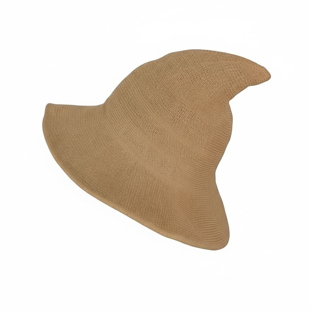 The Witches' Quest tan knit pointed brim hat with a structured crown and wide, flexible silhouette.