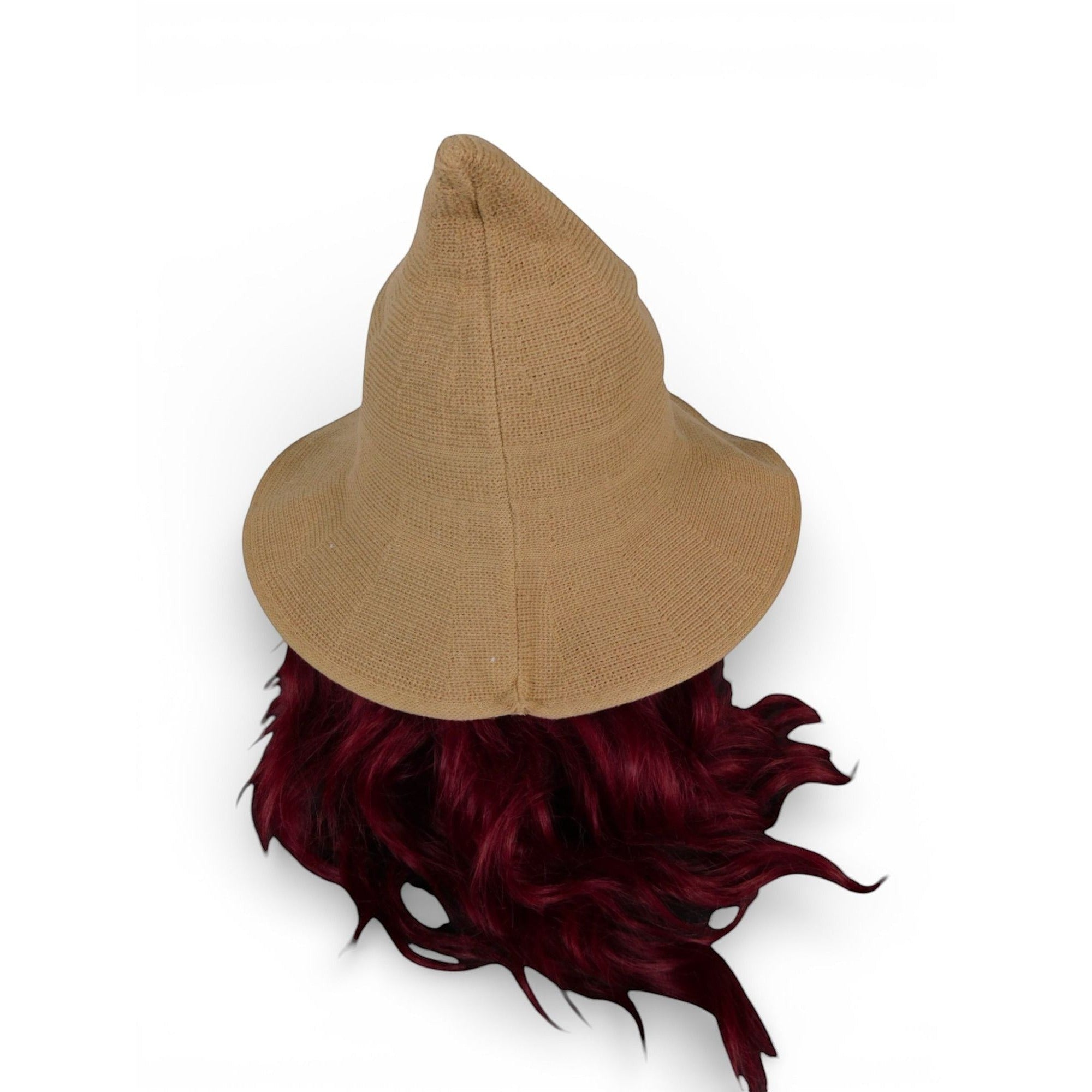 The Witches' Quest tan knit pointed brim hat worn on a mannequin with wavy deep red hair against a white background.