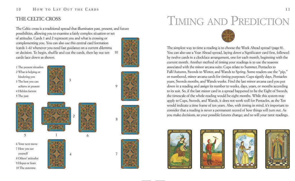 The Witches' Quest tarot guide book page showing Celtic Cross layout instructions and card timing predictions
