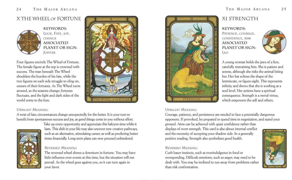 The Witches' Quest tarot guide book pages showing The Wheel of Fortune and Strength cards with meanings and keywords