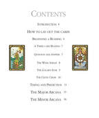 The Witches' Quest Color Your Tarot Deck contents page showing tarot card illustrations and guide book chapter list