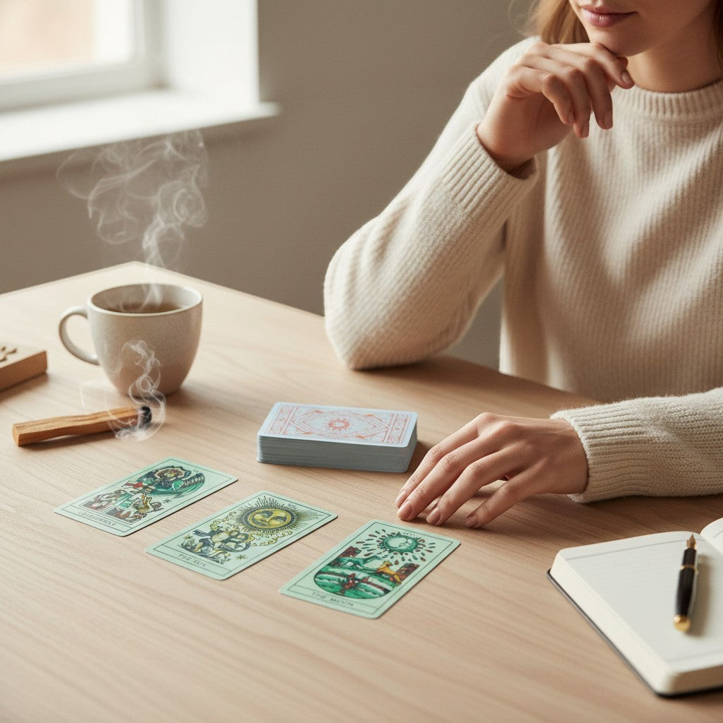 The Witches' Quest Tattoo Tarot deck with intricate mystical illustrations laid out on a wooden table during a reading.