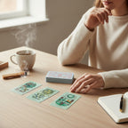 The Witches' Quest Tattoo Tarot deck with intricate mystical illustrations laid out on a wooden table during a reading.