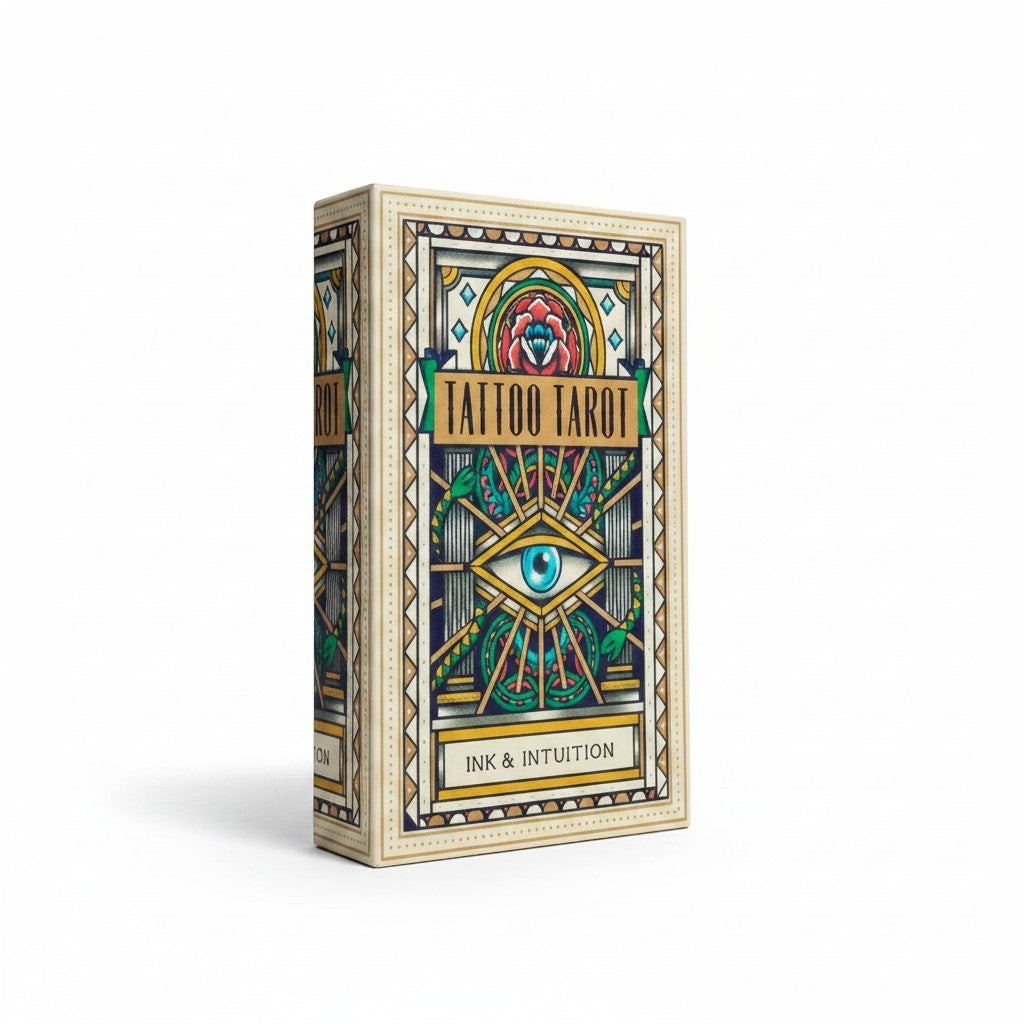 The Witches' Quest Tattoo Tarot deck box featuring intricate mystical artwork with an eye and rose design.