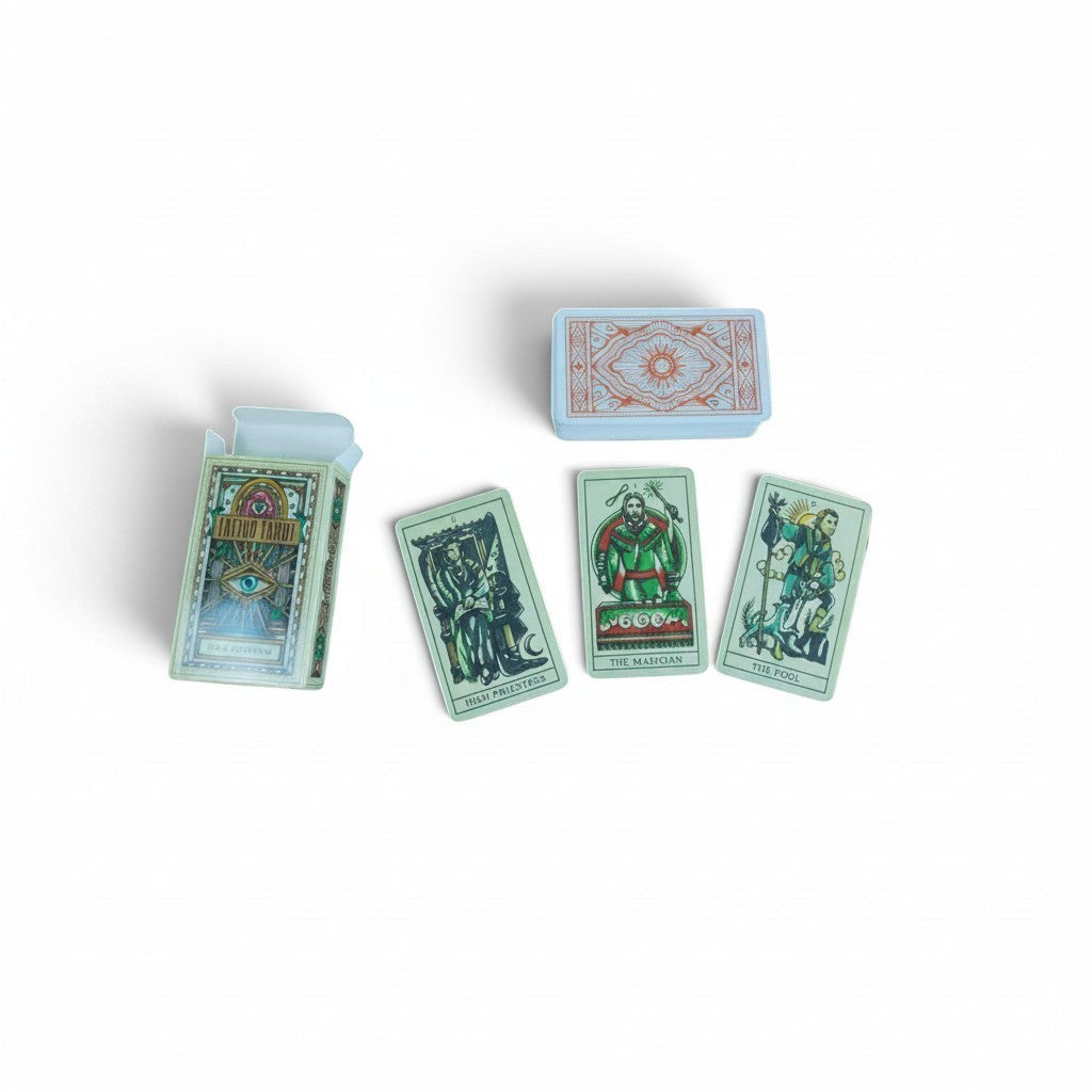 The Witches' Quest Tattoo Tarot deck featuring 78 illustrated cards with mystical tattoo-style artwork.