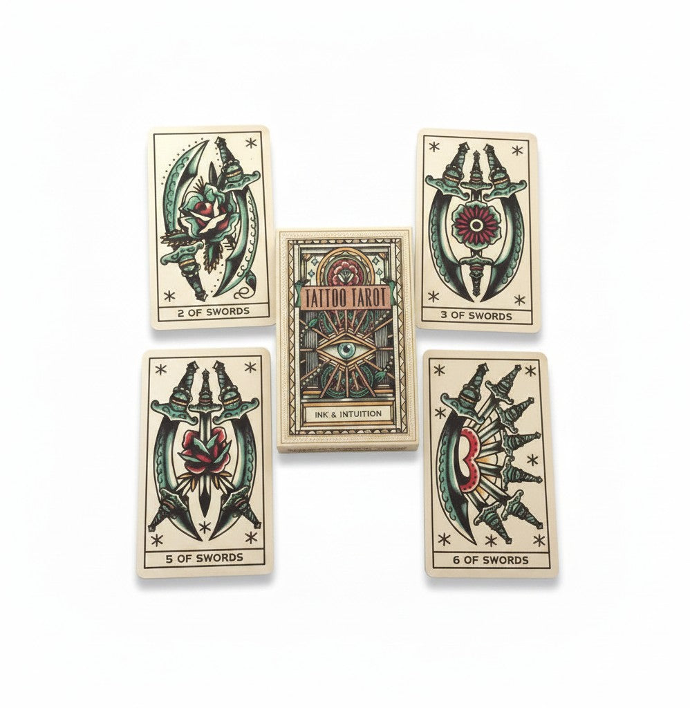 The Witches' Quest Tattoo Tarot mini deck featuring vintage tattoo-style illustrations of swords and roses on cards.