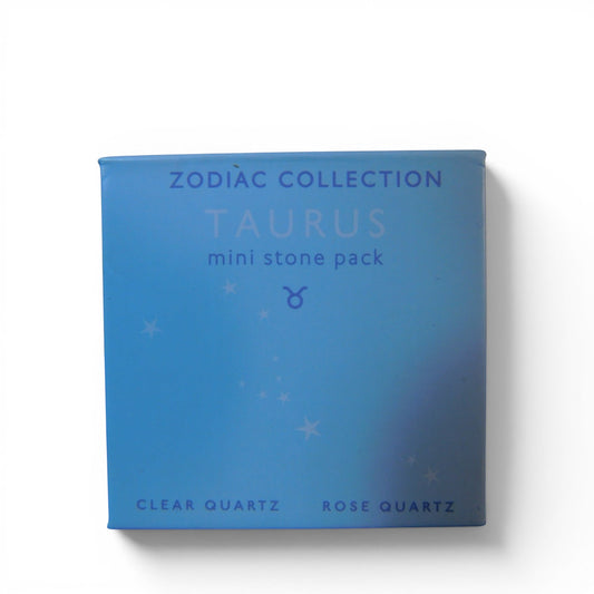 The Witches' Quest Taurus Zodiac Collection mini stone pack box featuring Clear Quartz and Rose Quartz crystals.