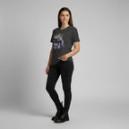 The Witches' Quest charcoal crew neck t-shirt with The Craft movie graphic print worn by a woman with black jeans.