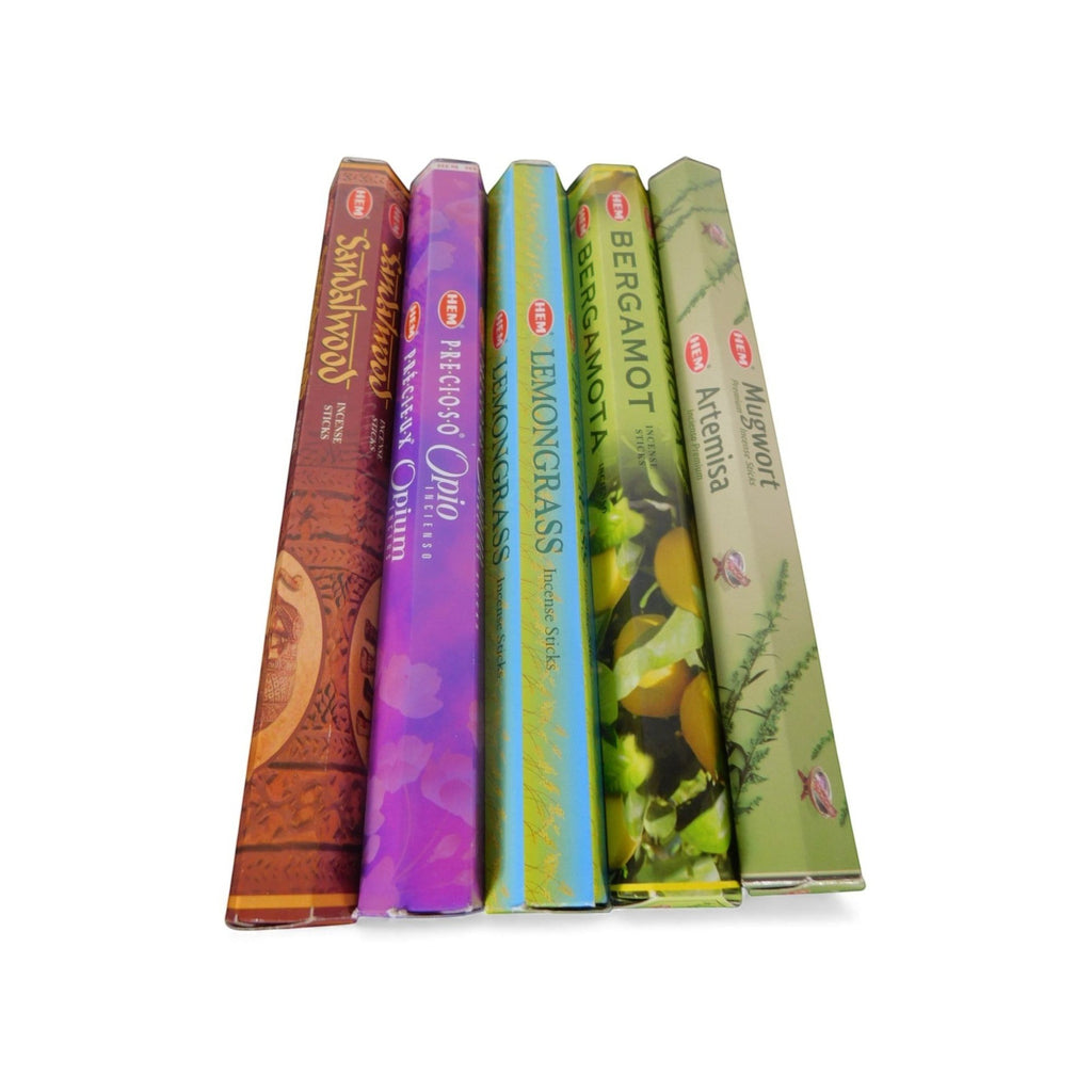 The Witches' Quest Third Eye incense pack featuring five HEM scent tubes including sandalwood, opium, and mugwort.