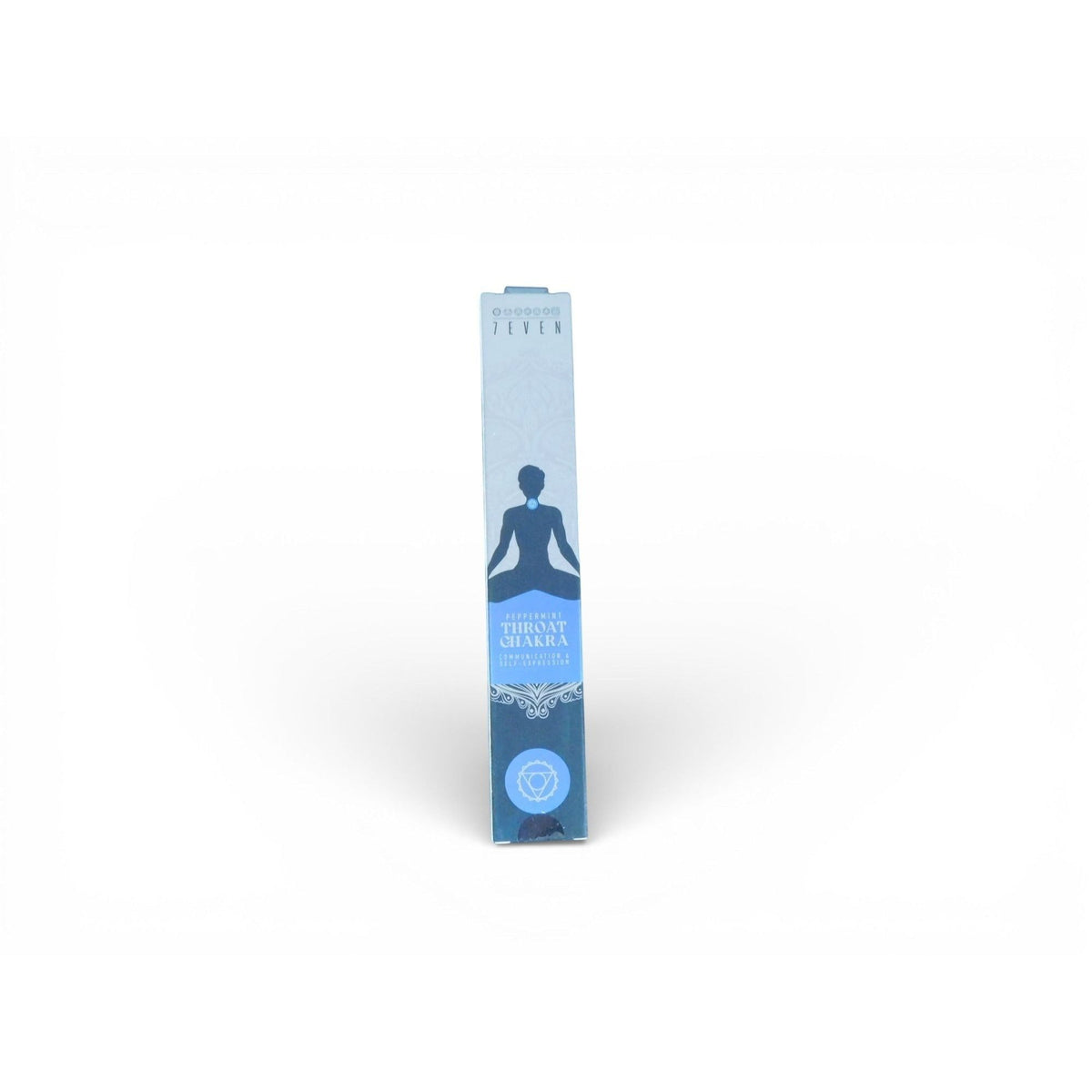 The Witches' Quest light blue Throat Chakra incense box with silhouette of a person meditating