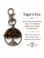 The Witches' Quest Tree of Life keychain featuring golden brown Tiger's Eye gemstone chips on a silver-toned pendant.