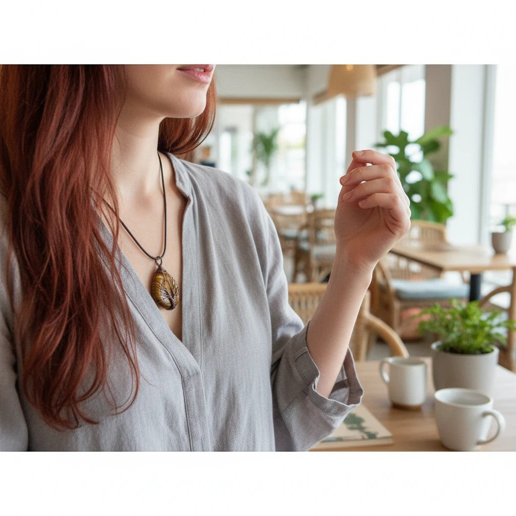 The Witches' Quest Tiger's Eye teardrop pendant with wire-wrapped Tree of Life design worn by a woman in a cafe